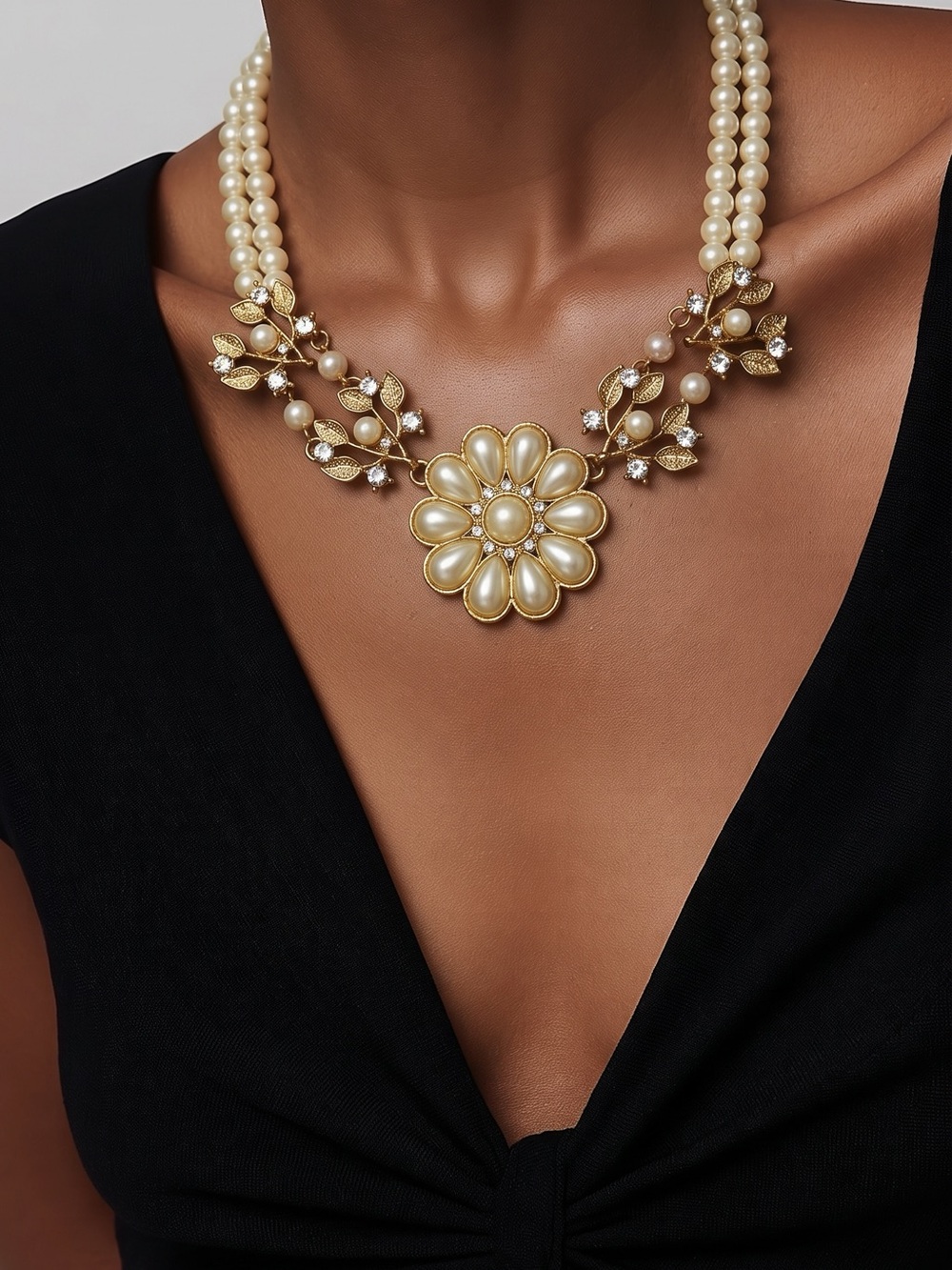 Womens Pearl White Floral Flower Necklace Gold Tone Chain Crystal Accents